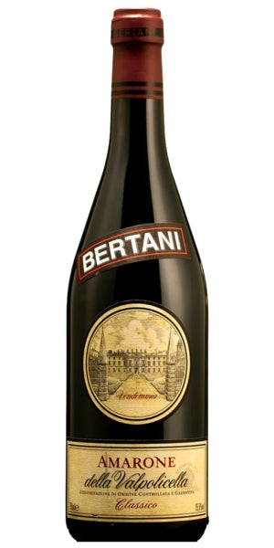 A bottle of Bertani Amarone della Valpolicella Classico wine with a label showing the brand name and the product name. by Whelehans Wines.