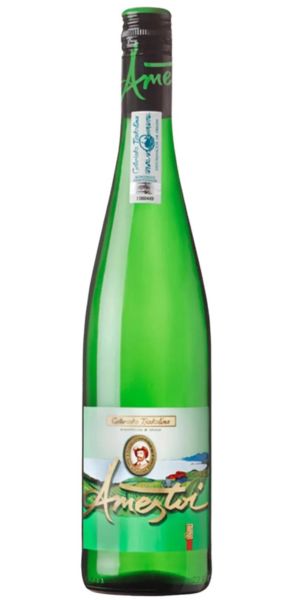 Green wine bottle of Txacoli with 'Ameztoi' label on a white background. By Whelehans Wines