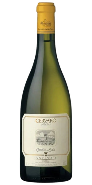 White wine bottle of Cervaro della Sala with a yellow label on a white background by Whelehans Wines
