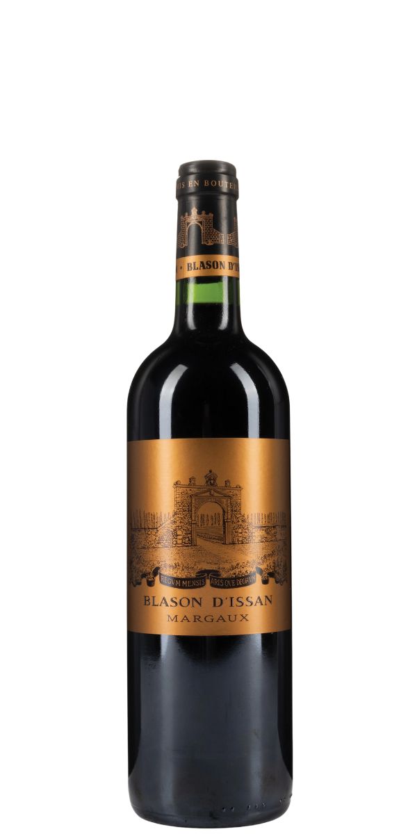 Red wine bottle with a gold label on a white background. Blason d'Issan, 2020 by Whelehans Wines.