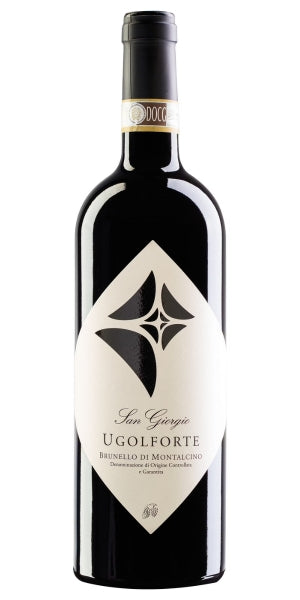 Wine bottle of Ugolforte, Brunello di Montalcino, with a decorative label on a white background by Whelehans Wines