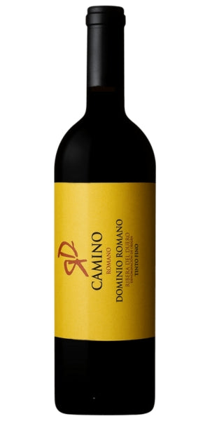 A bottle of Camino Dominio Romano red wine with a bright yellow label and a black bottle, isolated on a white background. By Whelehans Wines.