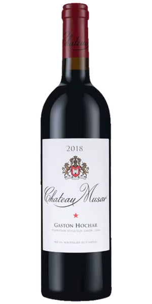 Red wine bottle of Château Musar with a white label on a white background by Whelehans Wines.