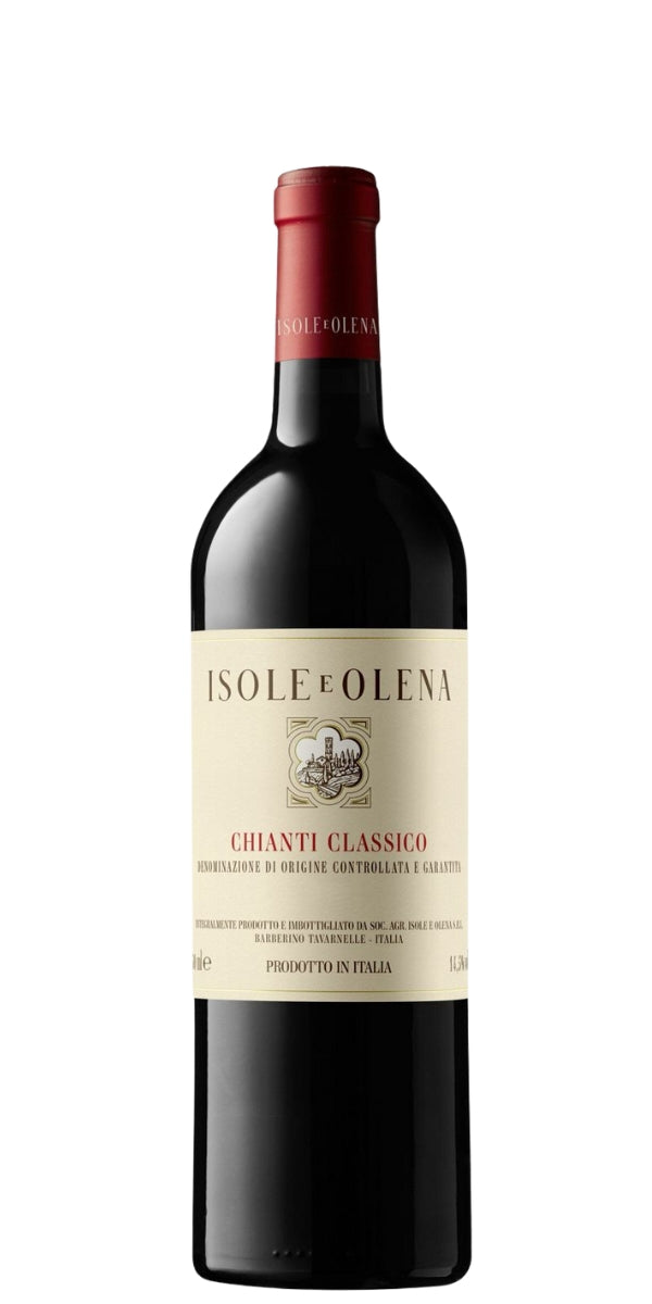 Red wine bottle with 'Isole e Olena' label on a white background by Whelehans Wines.