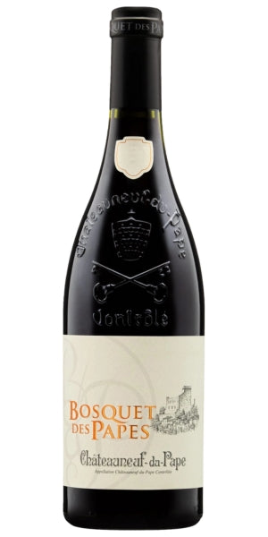 Bottle of Bosquet des Papes wine with a white label on a white background by Whelehans Wines.