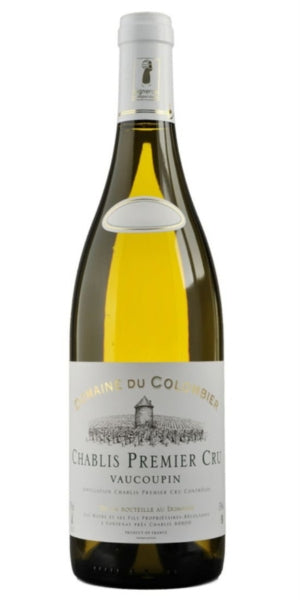 A bottle of Domaine du Colombier Vaucoupin 2023 wine with a label indicating it is a 1er Cru Chablis. The bottle is upright and has a yellow label with green and white accents.