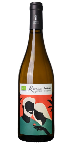 Wine bottle of natural Chardonnay with a colorful label on a white background by Whelehans Wines.