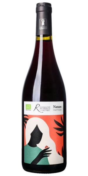 Wine bottle with a colorful label featuring a stylised illustration on a white background. Domaine Ricardelle de Lautrec, Pinot Noir,