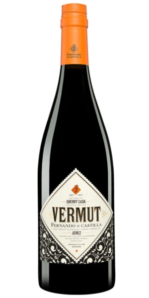 Bottle of Vermut Rojo with an orange cap on a white background - By Whelehans Wines.