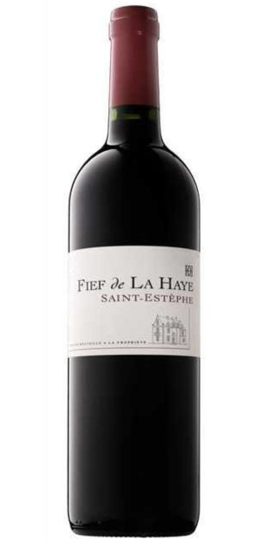Red wine bottle labeled 'Fief de La Haye Saint-Estéphe' on a white background -By Whelehans Wines.