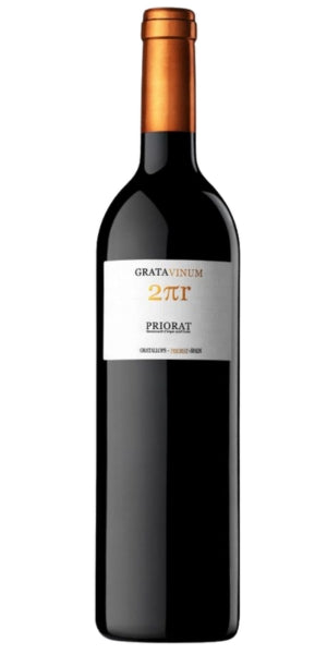 A bottle of Priorat Gratavium 2πίη red wine, featuring a dark glass bottle with a metallic copper-colored foil capsule and a white label with gold and black text. By Whelehans Wines.