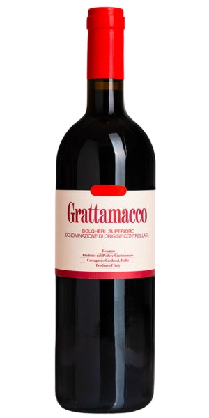 Bottle of Grattamacco 2019 red wine on a white background by Whelehans Wines.