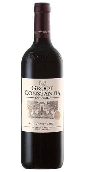 Groot Constantia wine bottle on a white background. Groot Constantia, "Lady of Abundance", 2021 by Whelehans Wines