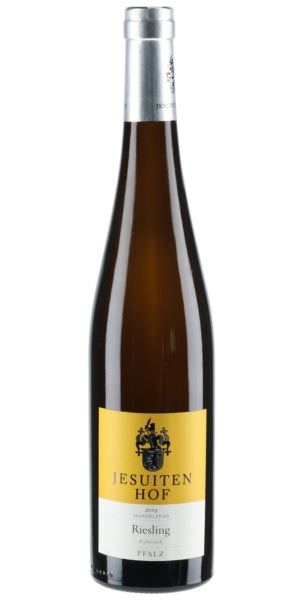 Wine bottle with yellow label on a white background of German Riesling