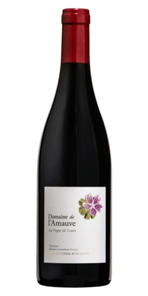 Wine bottle from Domaine de l'Amauve, with a red cap and white label featuring floral design on a white background. By Whelehans Wines.