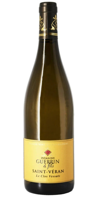 Wine bottle of Saint-Véran with a yellow label on a white background from Whelehans Wines