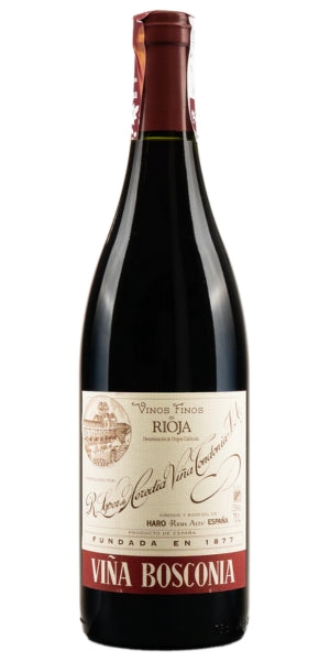 Red wine bottle of Vina Bosconia Reserva, 2014 with a visible label on a white background by Whelehans Wines.