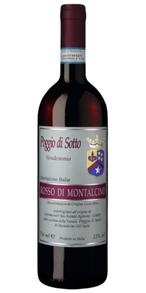 Bottle of Poggio di Sotto, Rosso di Montalcino wine on a white background by Whelehans Wines.