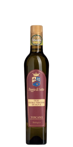 Bottle of Poggio di Sotto olive oil on a white background