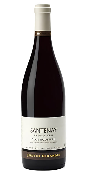 A bottle of Santenay Premier Cru Clos Rousseau - Justin Girardin, featuring a dark glass bottle with a cream-colored label and a white capsule seal. By Whelehans Wines in Dublin.