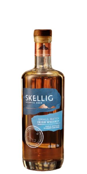 A bottle of Skellig Atlantic Aged Small Batch Irish Whiskey on a plain white background. By Whelehans Wines.
