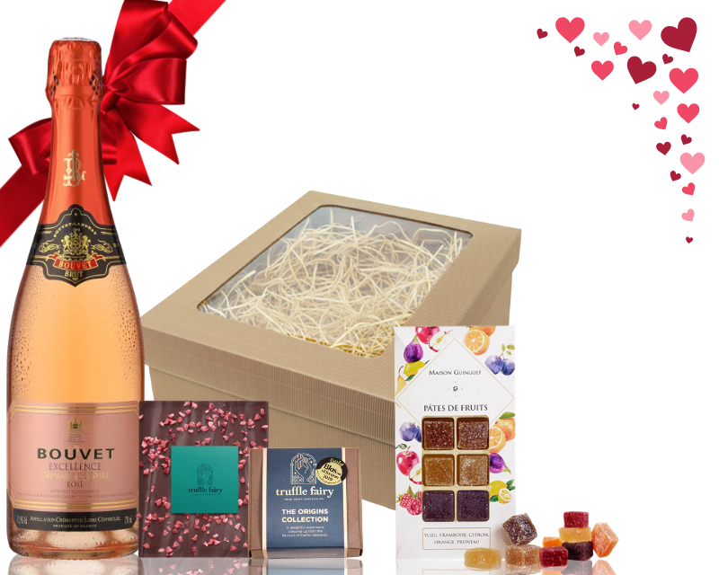 Gift set with Bouvet champagne, chocolate, and pastries on a white background by Whelehans Wines for Valentine's Day