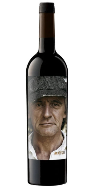 Wine bottle "Matsu, El Recio" with a label featuring a person's face on a white background by Whelehans Wines.
