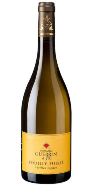 A bottle of 2023 Domaine Guerrin & Fils Pouilly-Fuissé Vieilles Vignes wine with a yellow label. by Whelehans Wines. 