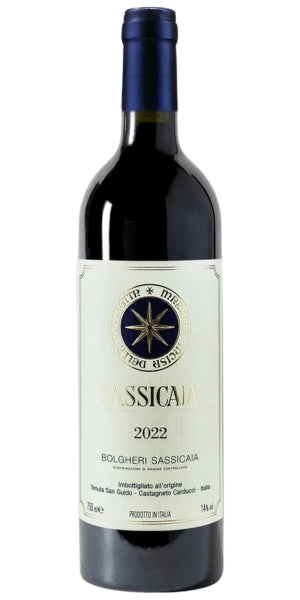 Sassicaia wine bottle with a white label featuring text and a logo on a white background by Whelehans Wines