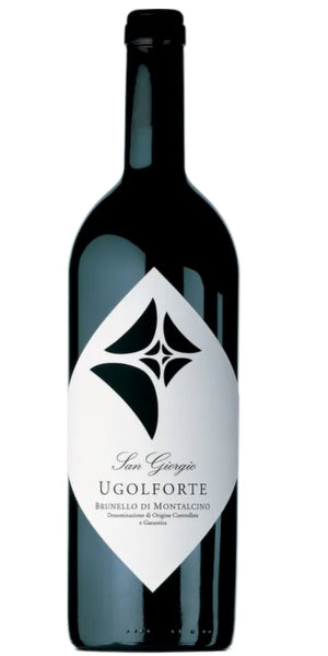Wine bottle with a white label featuring a black geometric design on a white background. Ugolforte by Whelehans Wines