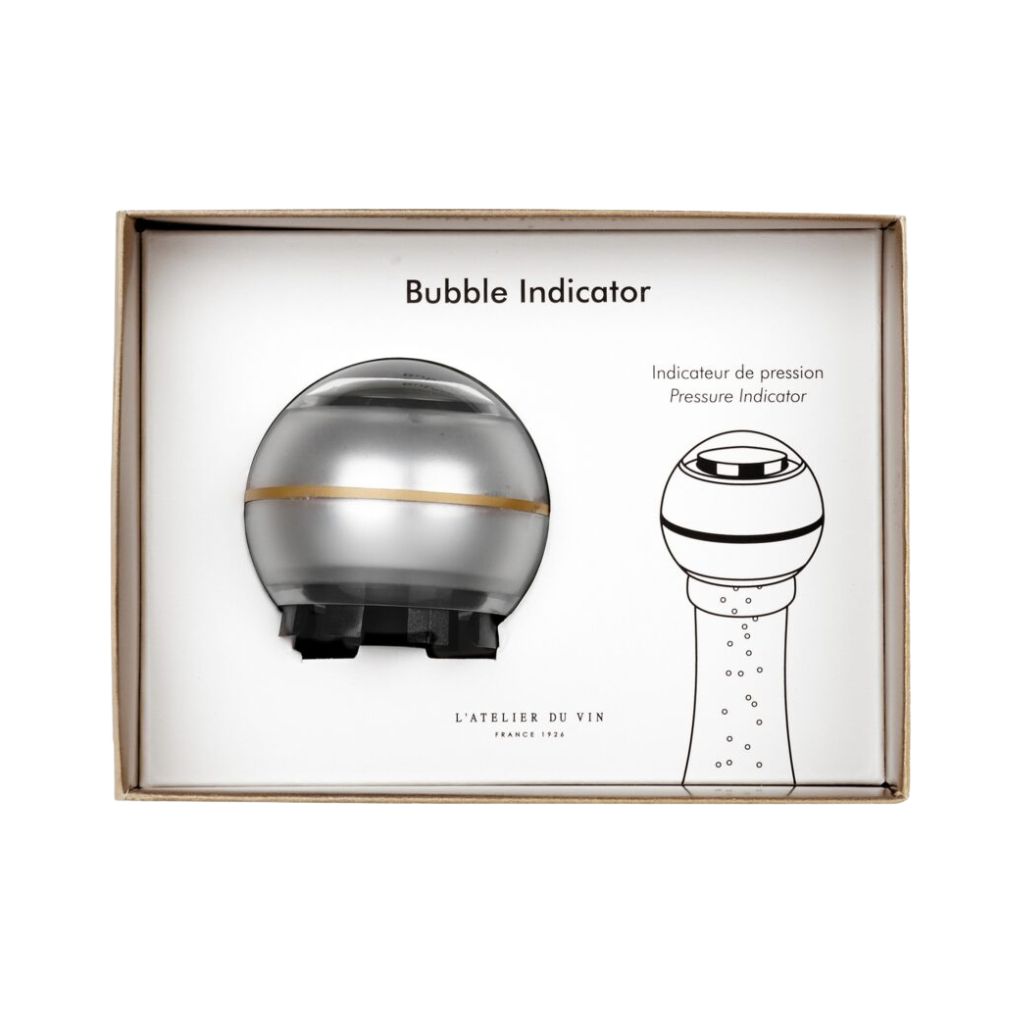 Bubble indicator with packaging displaying text and branding