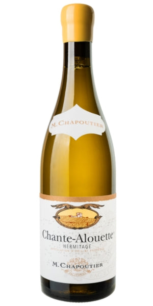 Chante-Alouette wine bottle with yellow label on a white background. Chapoutier, Hermitage by Whelehans Wines 