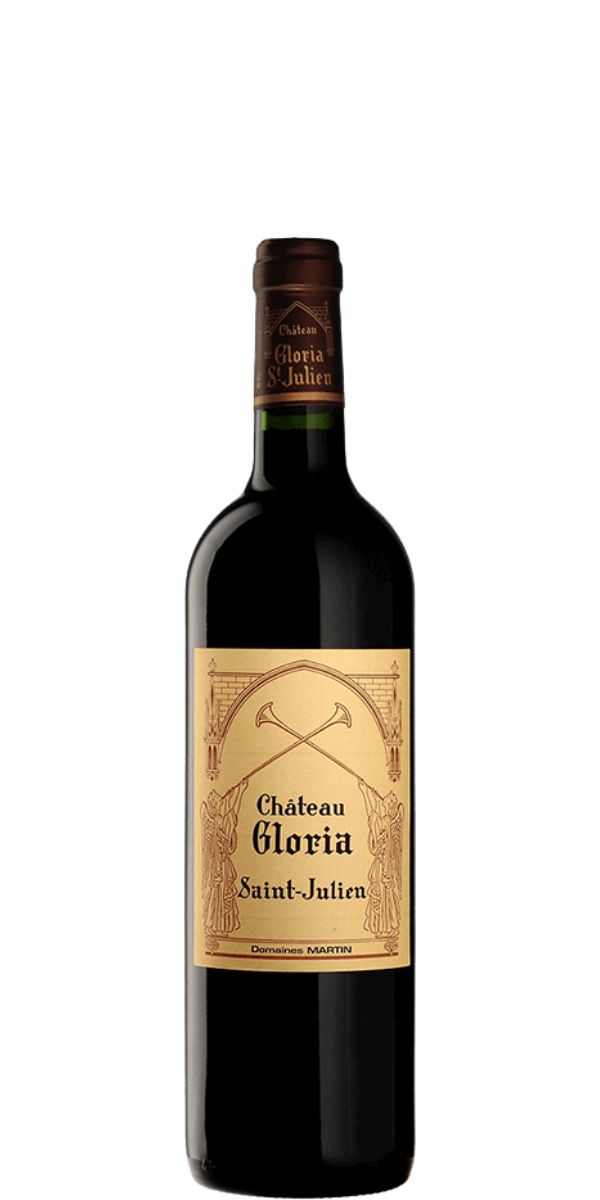 Bottle of Chateau Gloria Saint-Julien wine on a white background.  Château Gloria, 2019 | 1/2 bottle by Whelehans Wines. 