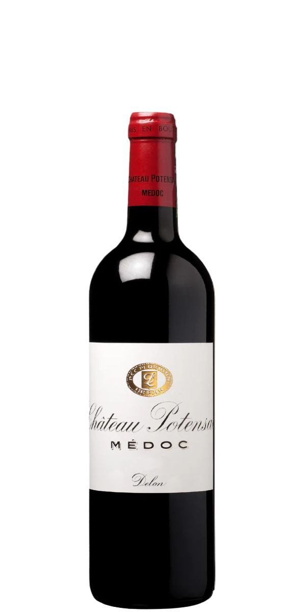 Red wine bottle with a white label on a white background. Chateau Potensac 2025 by Whelehans Wines. 