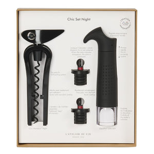 Wine accessory set with corkscrew, bottle stopper, and vacuum pump in a box on a white background