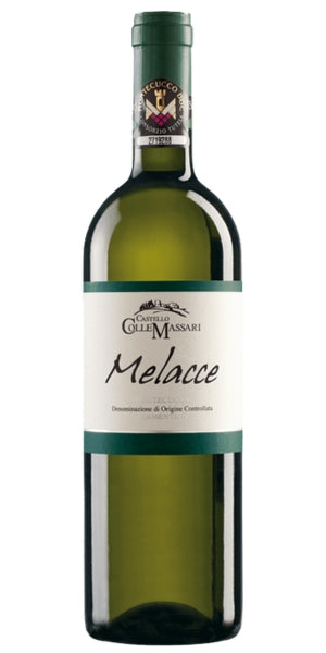 Bottle of Melacce wine from ColleMassari on a white background by Whelehans Wines