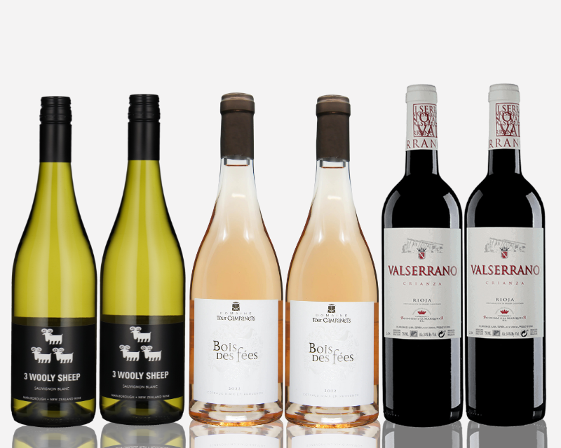 Collection of wine bottles called the Crowd Pleaser with various labels on a white background by Whelehans Wines. 