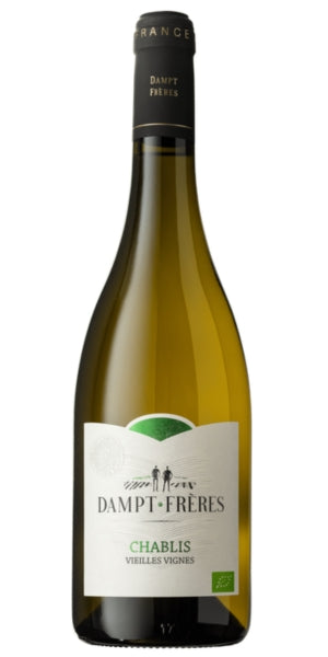 A bottle of Dampt-Frères Chablis Vieilles Vignes white wine, featuring a pale golden-yellow liquid inside a dark glass bottle with a white and green label and a black neck foil - By Whelehans Wines. 