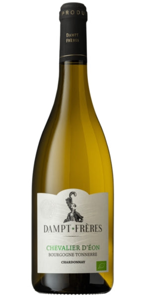 A bottle of Dampt-Frères Chevalier D'Eon Bourgogne Tonnerre white wine, featuring a dark green glass bottle with a cream-colored label and a black foil neck seal. By Whelehans Wines. 