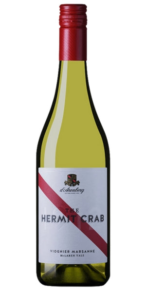 Wine bottle labeled 'The Hermite Crab' with a red cap on a white background. Blend of Marsane and Viognier from McLaren Vale. By Whelehans Wines