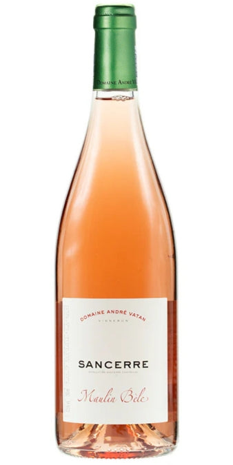 Bottle of rose Sancerre wine with a green cap on a white background by Whelehans Wines. 