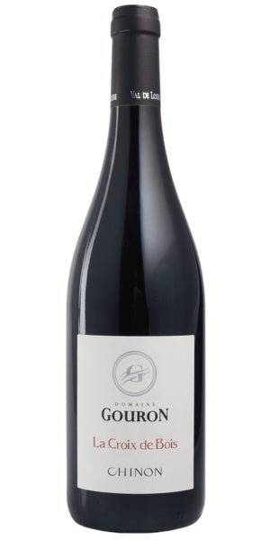 Red wine bottle of Chinon with 'Gouron' label on a white background by Whelehans Wines. 