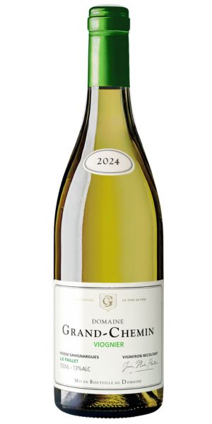Bottle of Domaine Grand-Chemin, Viognier, white wine on a white background by Whelehans Wines. 