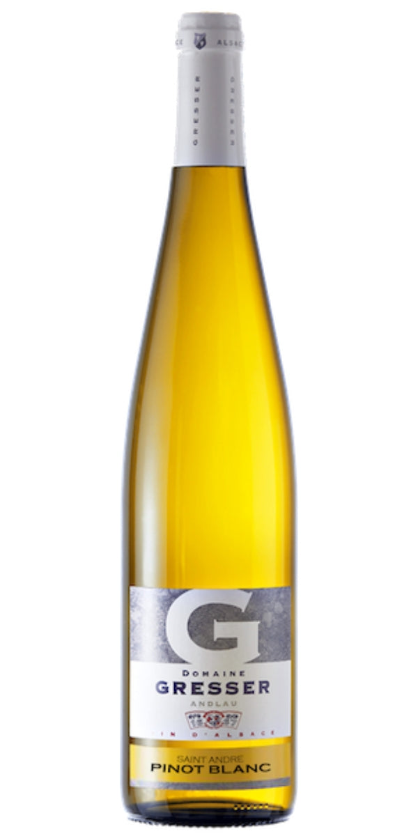 Wine bottle with a white label on a white background. Domaine Remy Gresser, Pinot Blanc, 