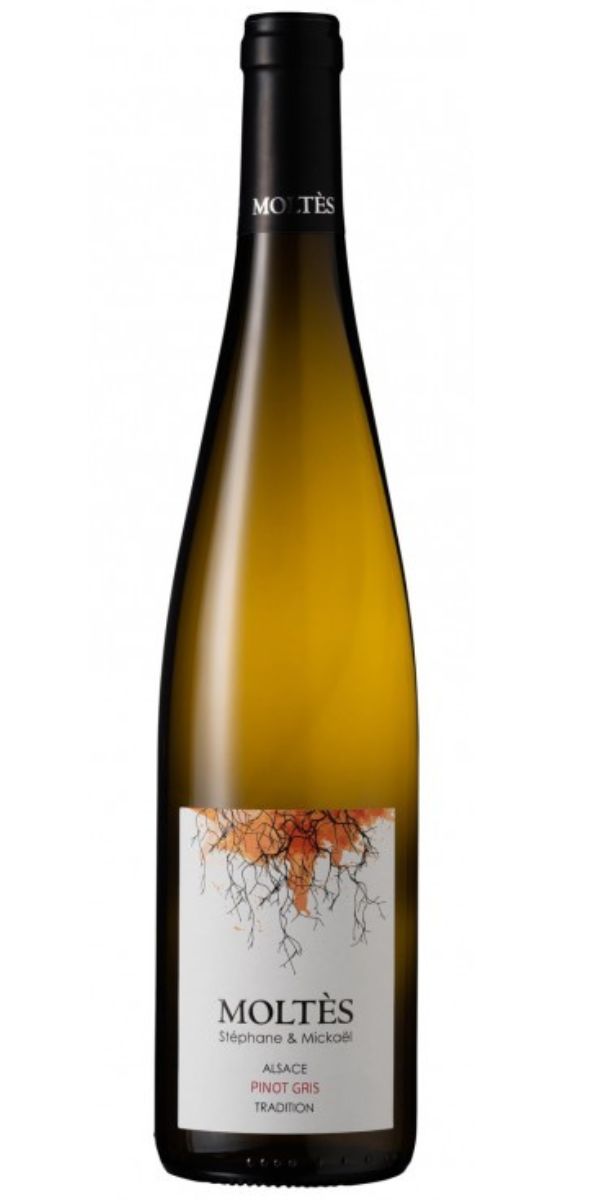 Wine bottle with Moltés label on a white background. Domaine Moltès, Alsace Pinot Gris, 2023  by Whelehans Wines. 