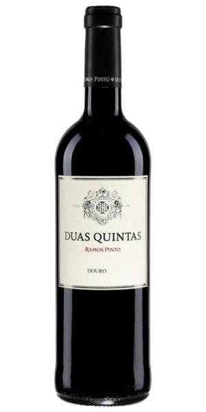 Bottle of Duas Quintas from Ramos Pinto red wine on a white background by Whelehans Wines. 