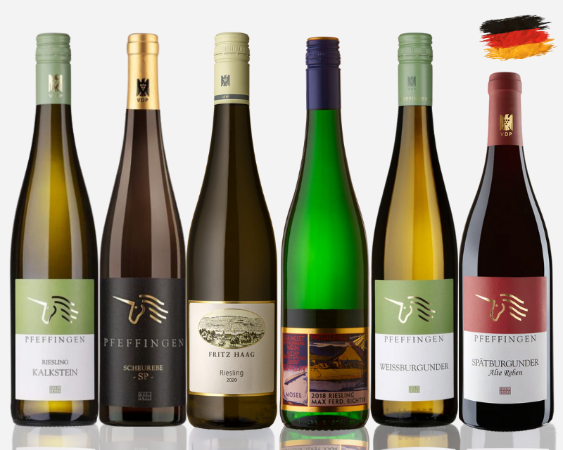 A selection of 6 German wines with various labels on a white background, by Whelehans Wines. 