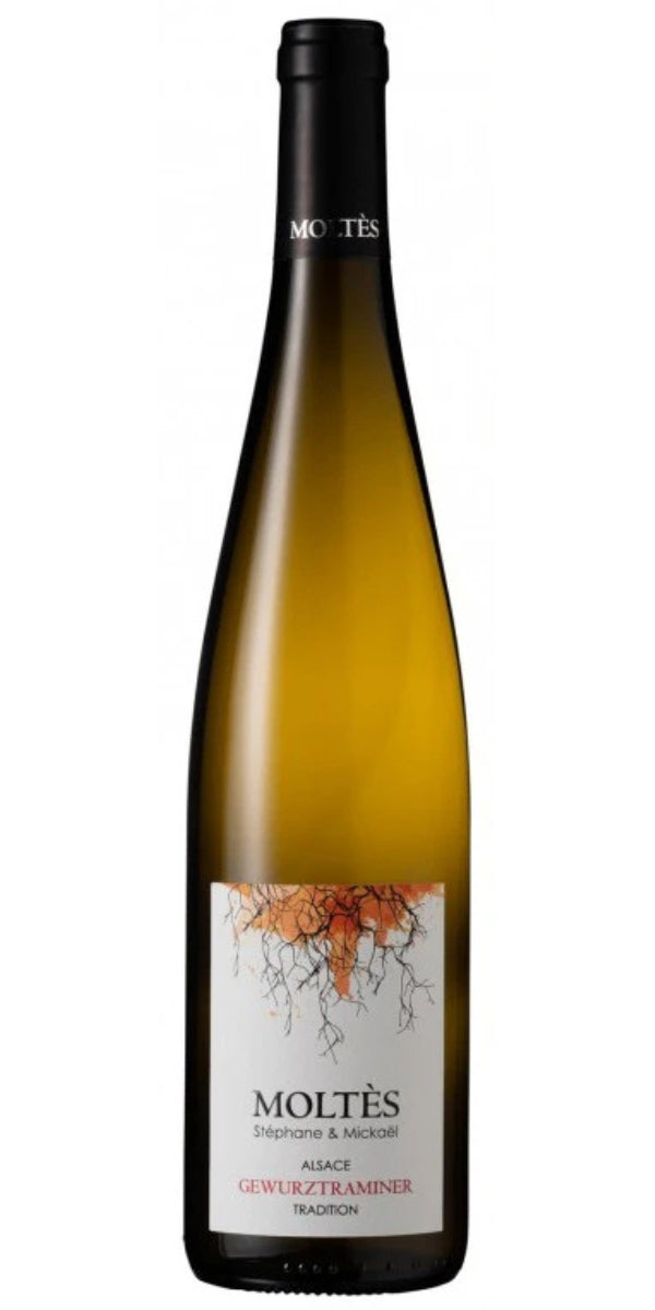 Wine bottle of Gewurztraminer with a label "Moltes" on a white background, by Whelehans Wines. 
