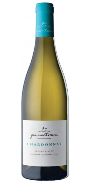 Giannitessari Chardonnay wine bottle with blue cap on a white background by Whelehans Wines. 