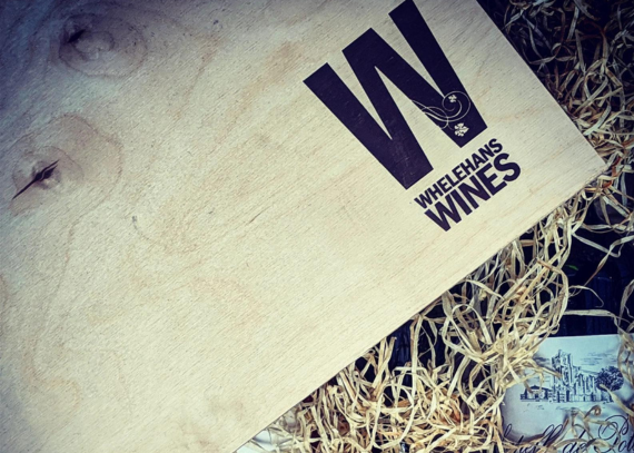 birch wooden box with bottle of wine from Whelehans Wines